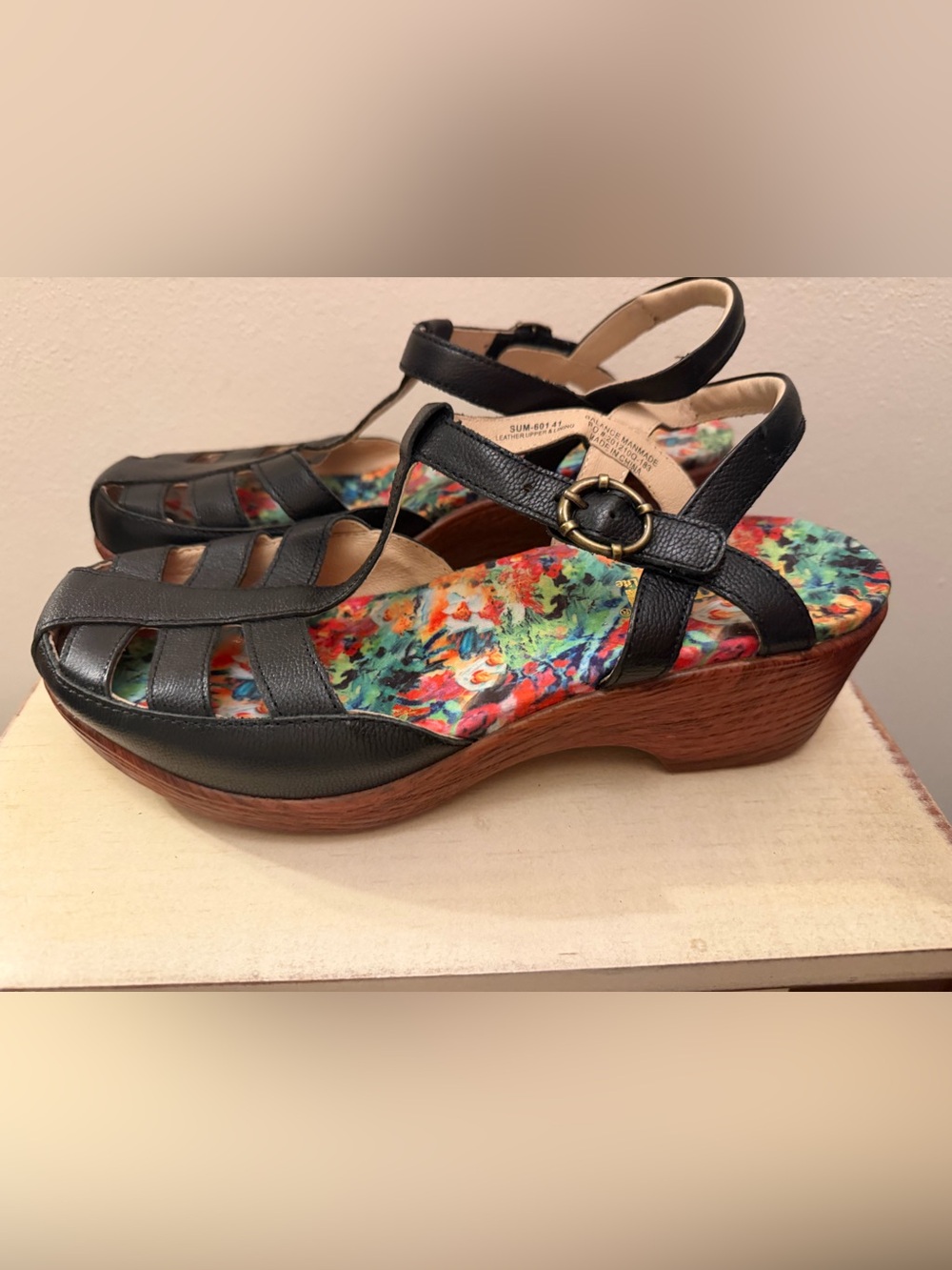 Alegria Black Leather T-Strap Wedges with Multicolor Floral Insole